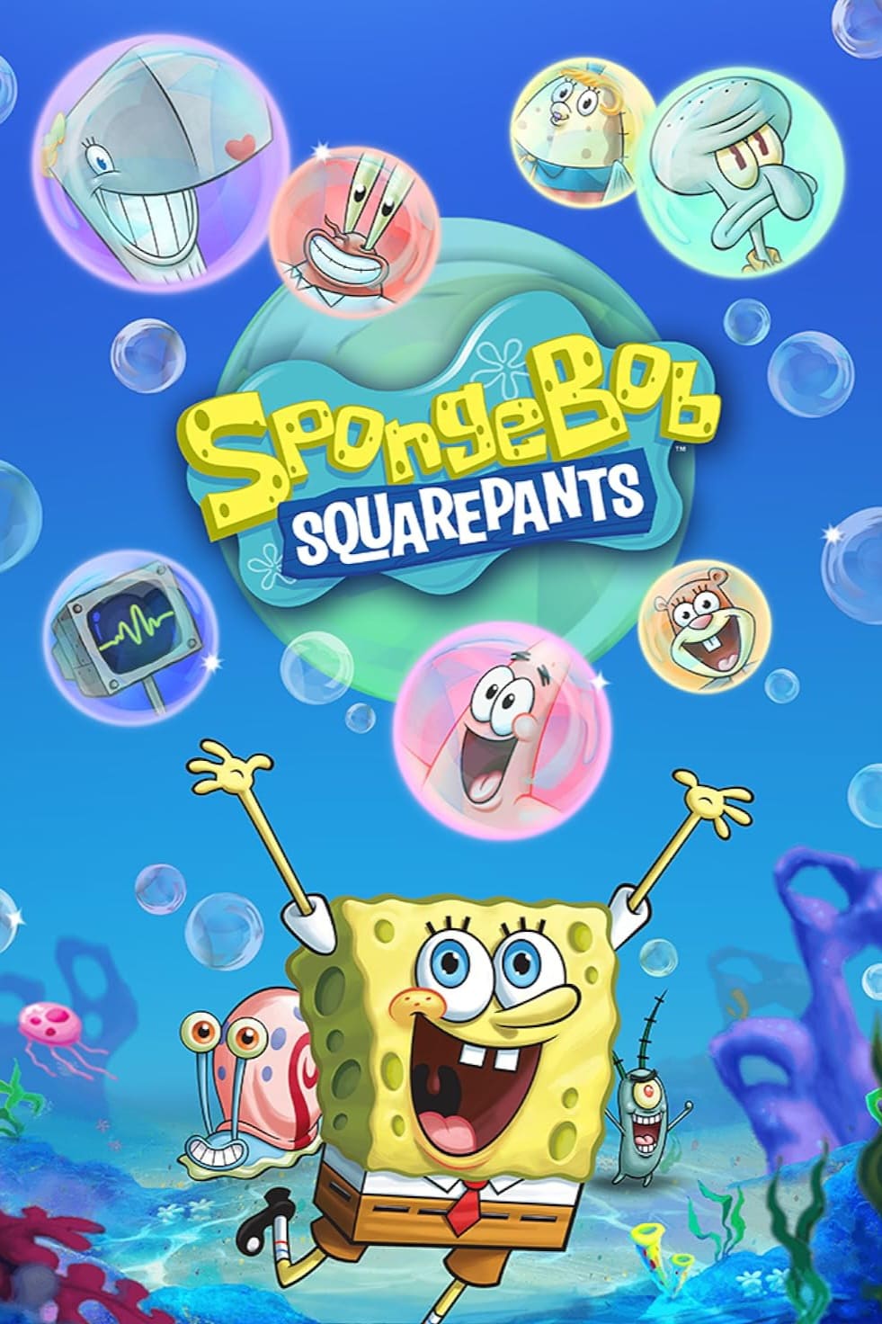 SpongeBob SquarePants jumps joyfully under the sea, surrounded by bubbles with smiling friends like Patrick, Mr. Krabs, Sandy, and Squidward, while the colorful logo and a Romania IPTV stream bring the fun to life.