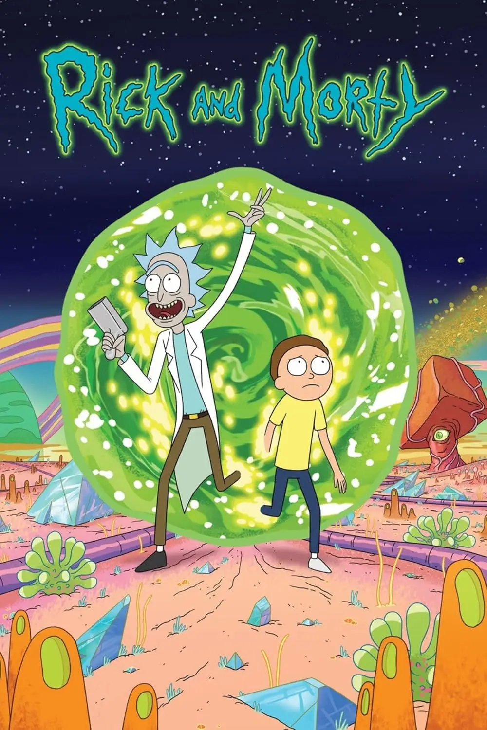 Cartoon characters Rick, holding a portal gun, and Morty step through a glowing green portal onto an alien landscape with crystals and colorful plants, as the Rick and Morty logo appears above—a fun scene perfect for Romania IPTV fans.