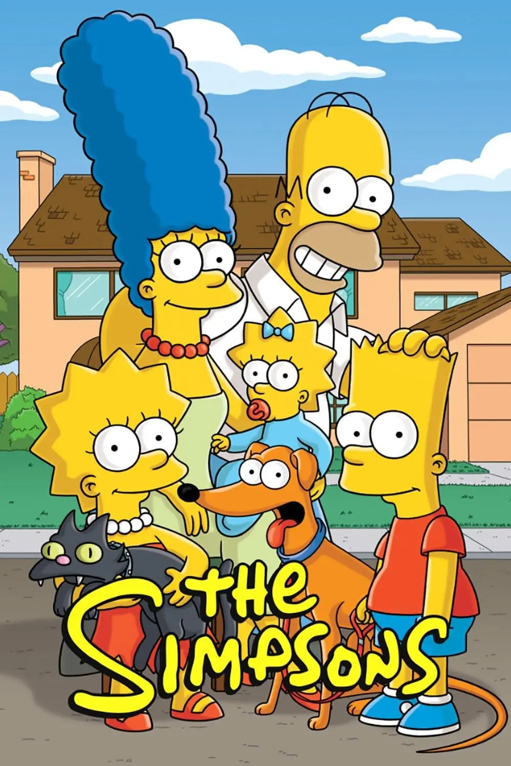 Cartoon image of the Simpsons family—Marge, Homer, Bart, Lisa, and Maggie—posing with their pets outside their house. The text “The Simpsons” appears at the bottom, perfect for fans enjoying the show on Romania IPTV.