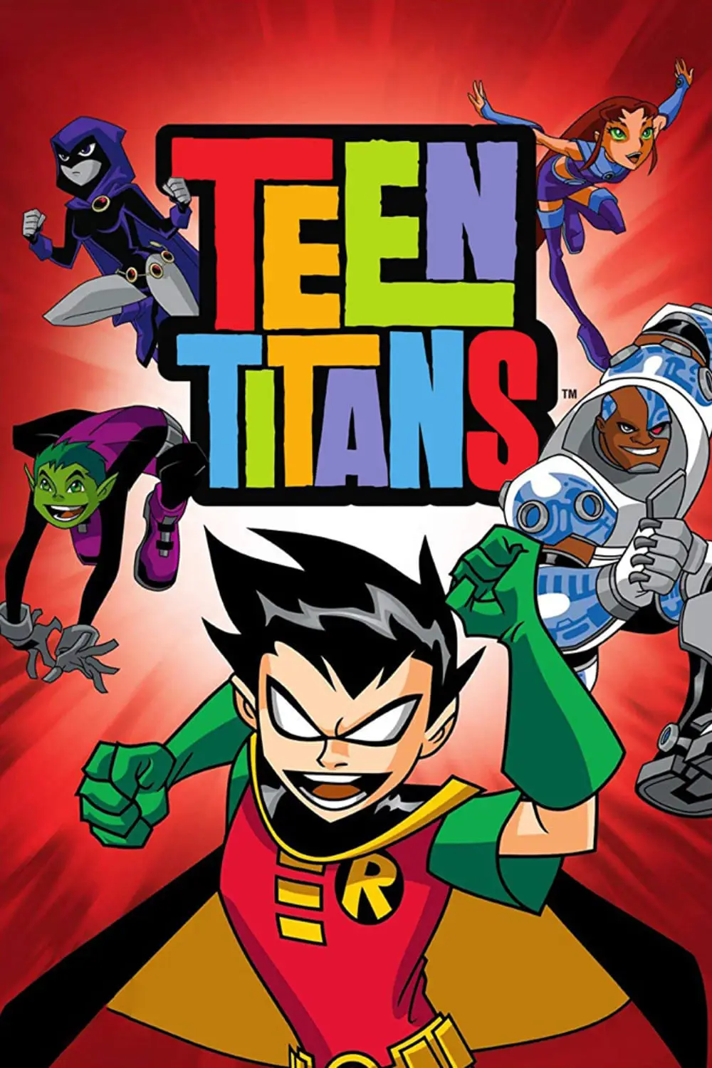 Five animated superheroes—Robin, Starfire, Cyborg, Raven, and Beast Boy—pose in action stances around the colorful Teen Titans logo on a red background with a glowing effect, perfect for fans streaming on Romania IPTV.