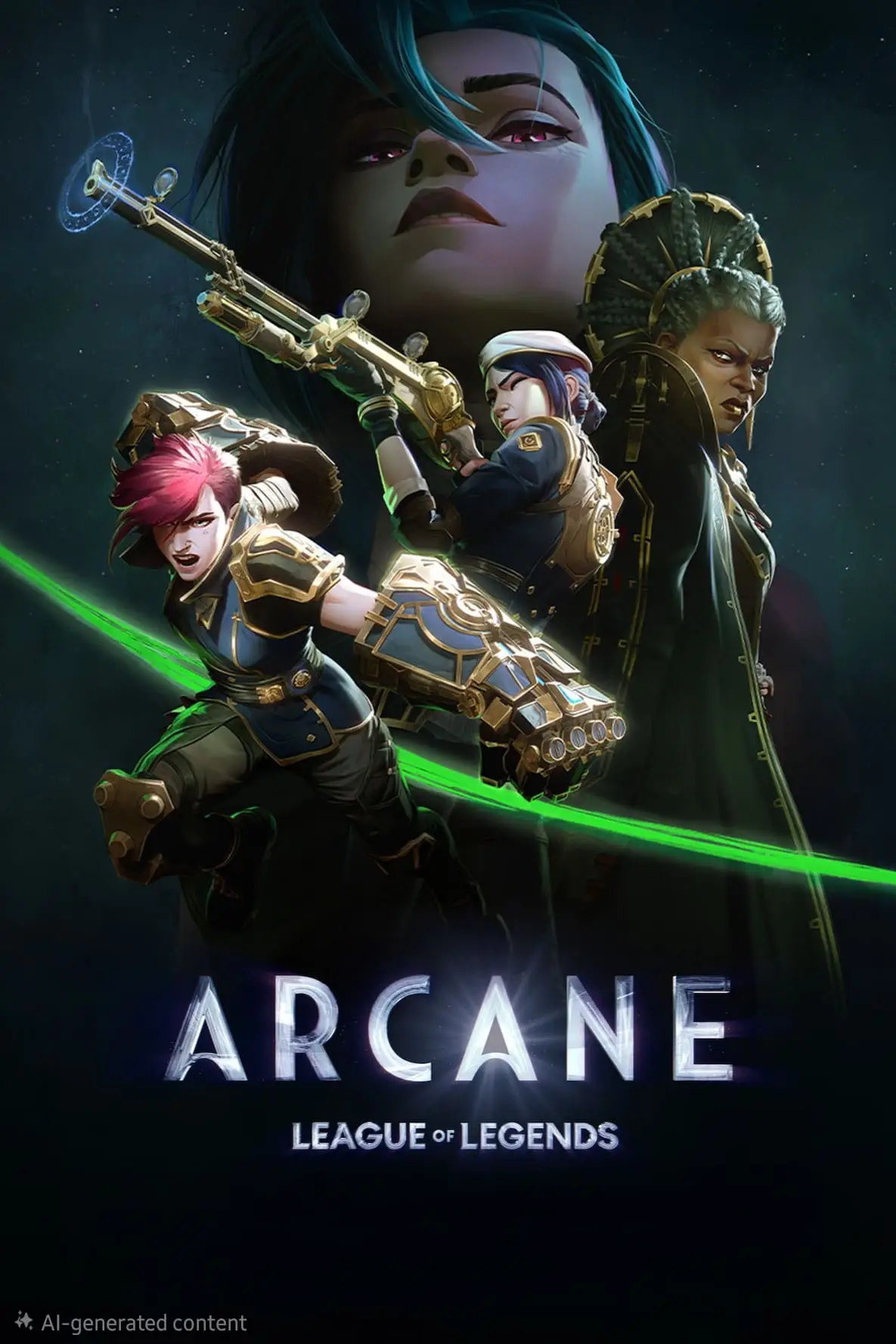 Three animated characters in action poses stand before a large, shadowy face in the background. The text below reads Arcane: League of Legends, now streaming on Romania IPTV. The visual style is dramatic and high contrast.