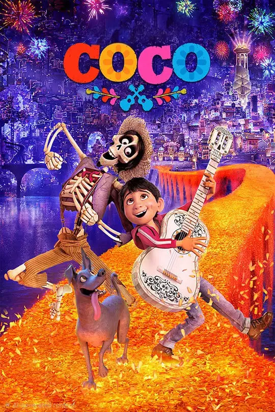 Animated movie poster for Coco featuring a boy with a guitar, a skeleton character, and a dog on a glowing path of orange petals, with colorful fireworks and a vibrant city—perfect for streaming on Romania IPTV.