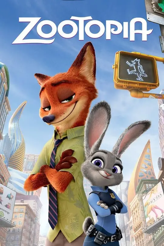 Nick Wilde, a sly fox in a green shirt and tie, stands with arms crossed beside Judy Hopps, a smiling gray rabbit in a police uniform, against a colorful cityscape and the Zootopia movie title above—stream now on Romania IPTV.