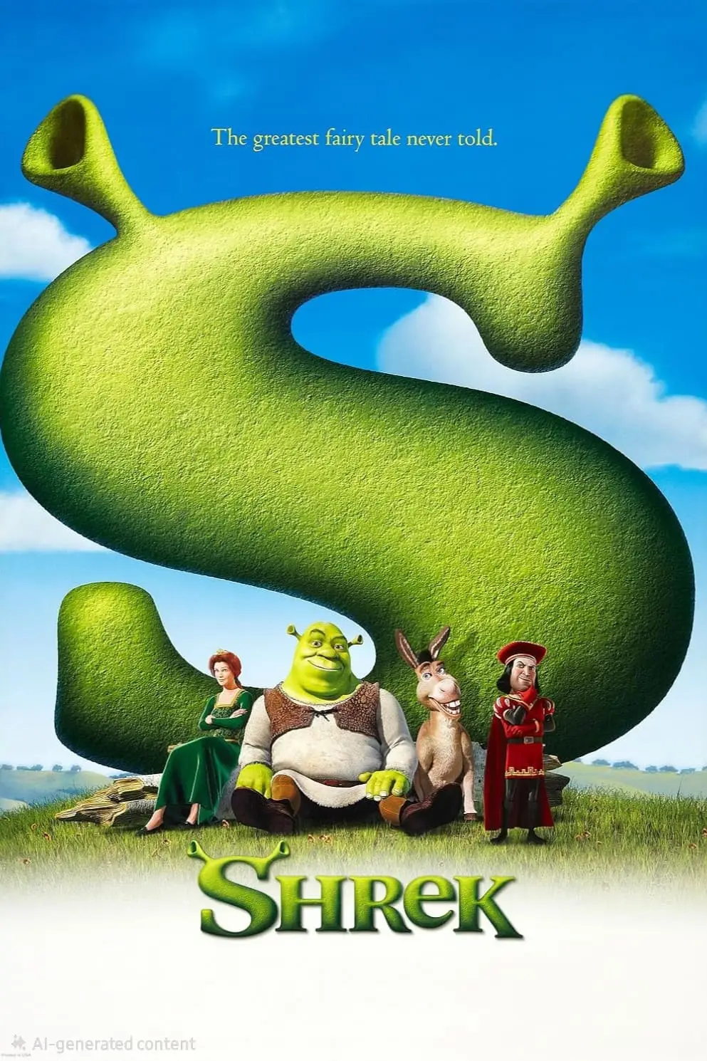 Poster for the movie Shrek showing Shrek, Princess Fiona, Donkey, and Lord Farquaad sitting in front of a giant green S shaped like ogre ears, with blue sky and grass in the background—available now on Romania IPTV.