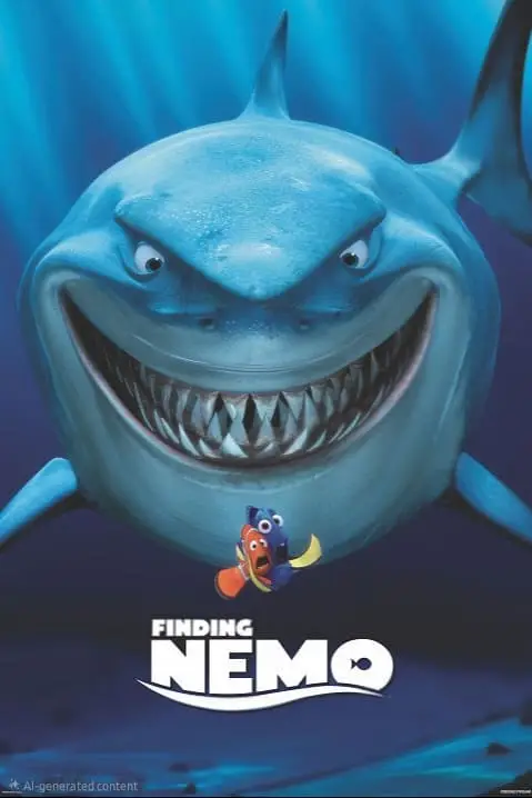 Poster for Finding Nemo showing a large, smiling shark looming behind two small, frightened fish—one blue and one orange—underwater. Enjoy this adventure on Romania IPTV. The movie title appears at the bottom in bold white text.