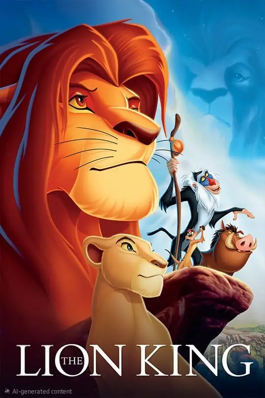 Poster of The Lion King showing a lion with a red mane, a lioness, a baboon holding a staff, and a warthog on a rock, with another lion’s face in the sky. Stream classics like this on Romania IPTV. The title appears at the bottom.