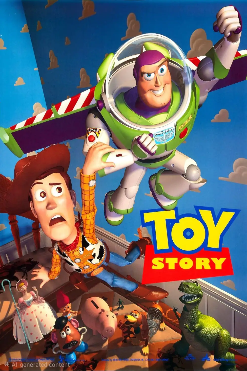 Poster for “Toy Story” showing Woody and Buzz Lightyear in action poses, with other toy characters below them, against a blue sky background. Perfect for fans streaming classics on Romania IPTV, with the movie title in bold yellow and blue letters.