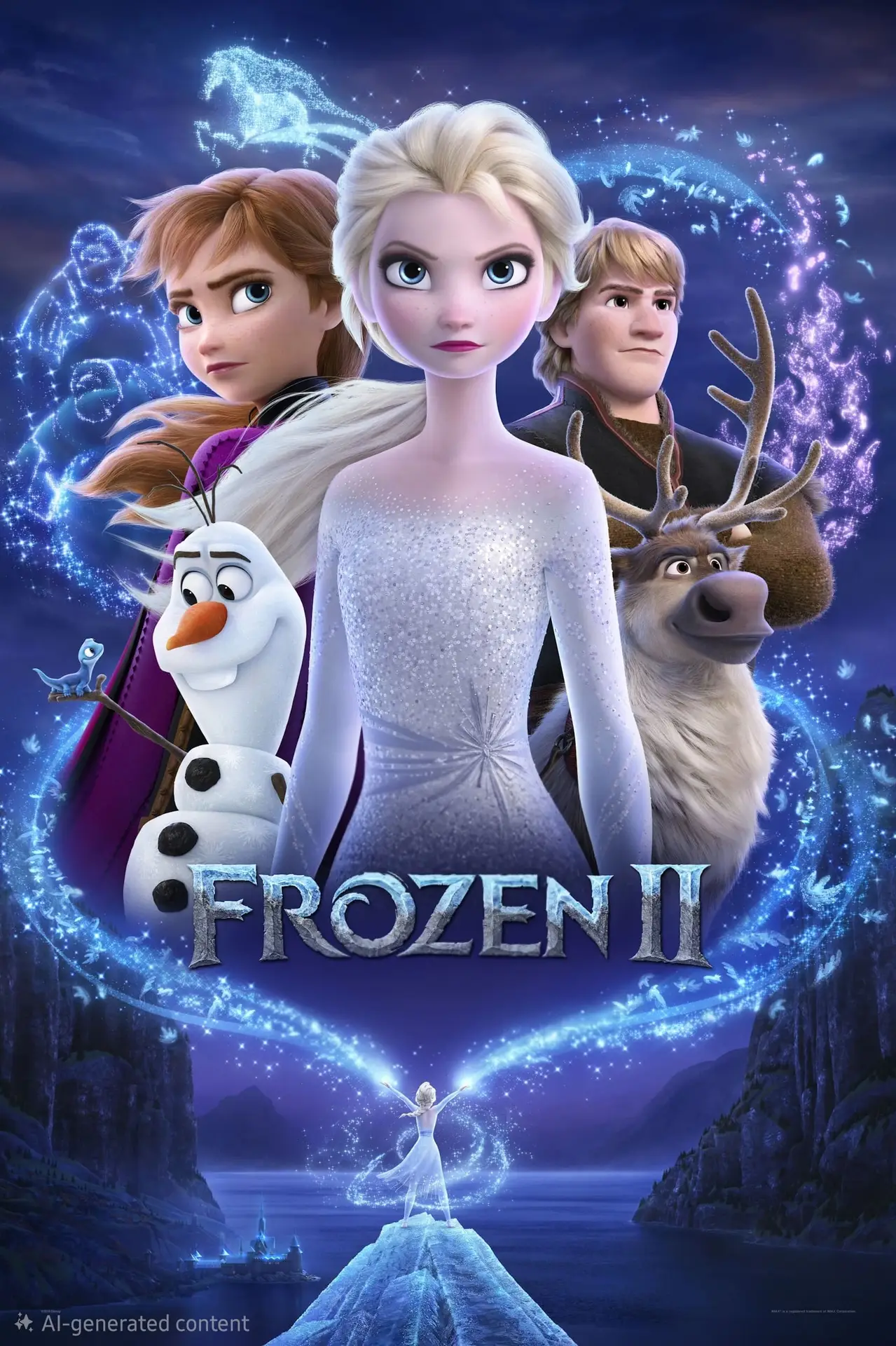 Poster for Frozen II featuring Elsa, Anna, Kristoff, Olaf the snowman, and Sven the reindeer, surrounded by magical blue symbols, with Elsa standing on ice—perfect for fans watching via Romania IPTV.