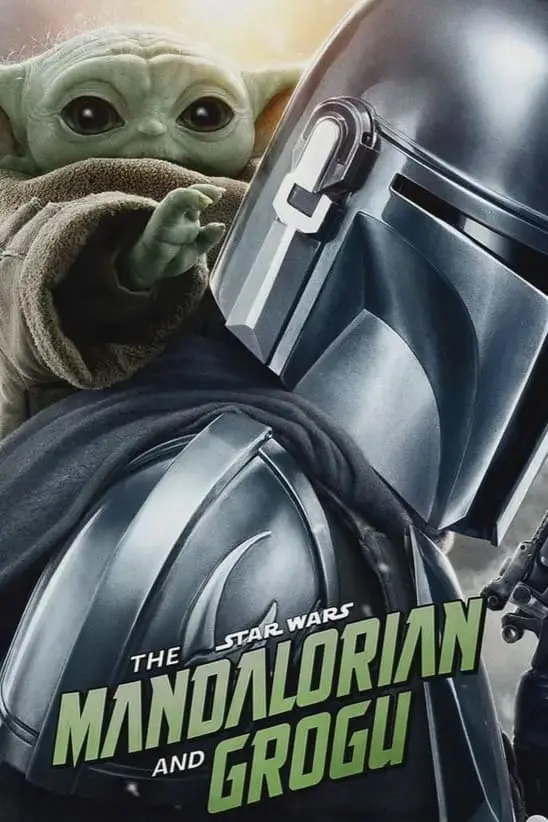 The Mandalorian in silver armor and helmet stands in front, while Grogu (Baby Yoda) peeks over his shoulder. Streaming on Romania IPTV, the text reads: “Star Wars: The Mandalorian and Grogu.”.