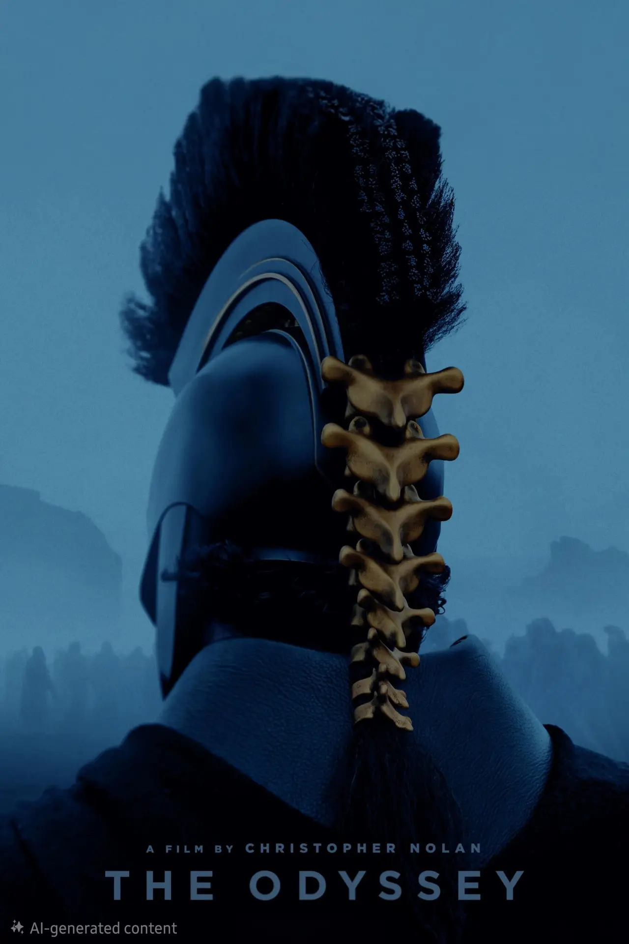 A figure in black ancient armor and helmet with a golden spine fused into the helmet stands against a blue foggy background, promoting “The Odyssey” along with Romania IPTV, with credits displayed below.