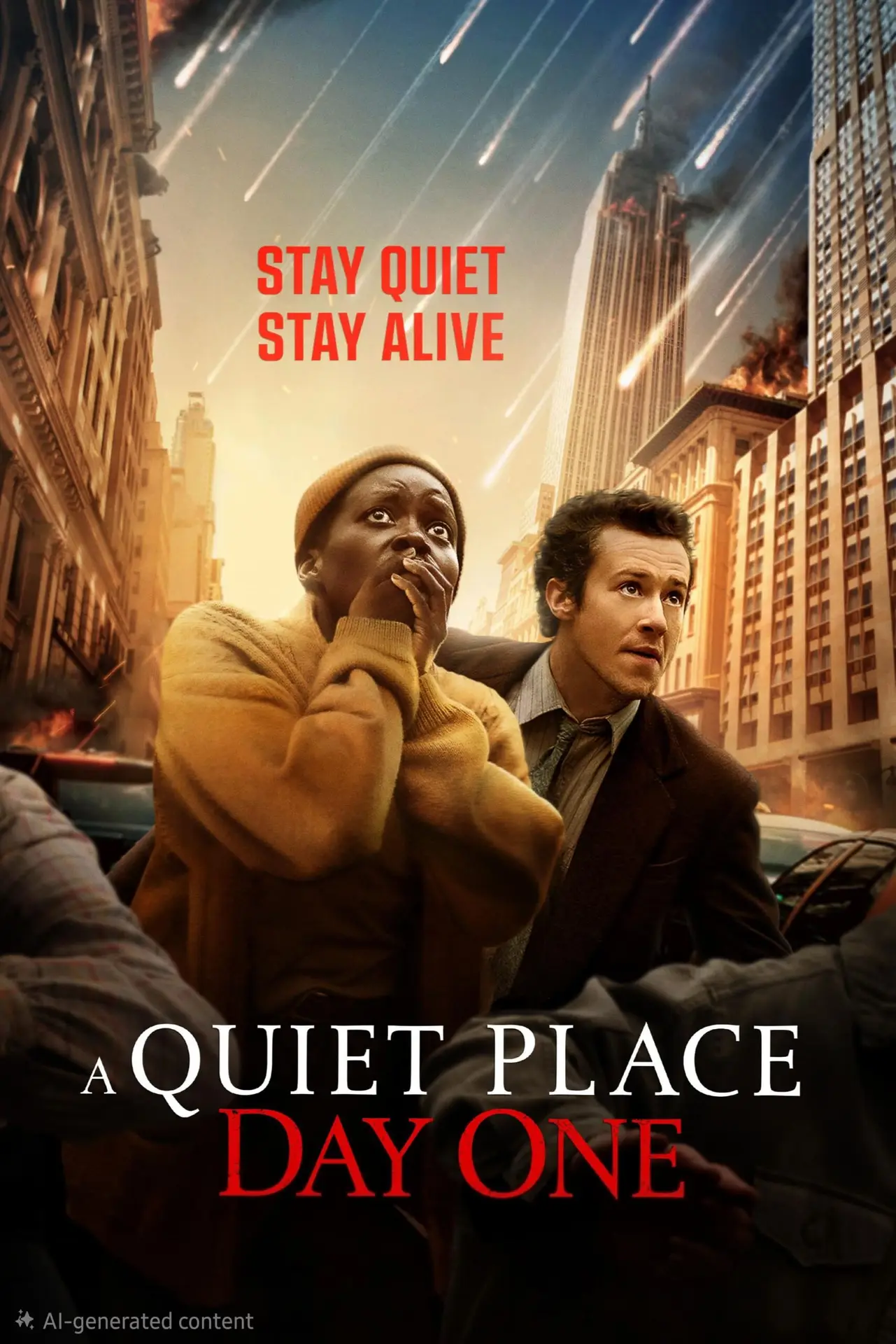 A woman and a man run through a city as fiery debris falls from the sky, shown on Romania IPTV. Bold text reads Stay quiet, stay alive and A Quiet Place Day One at the bottom. The scene is tense and chaotic.
