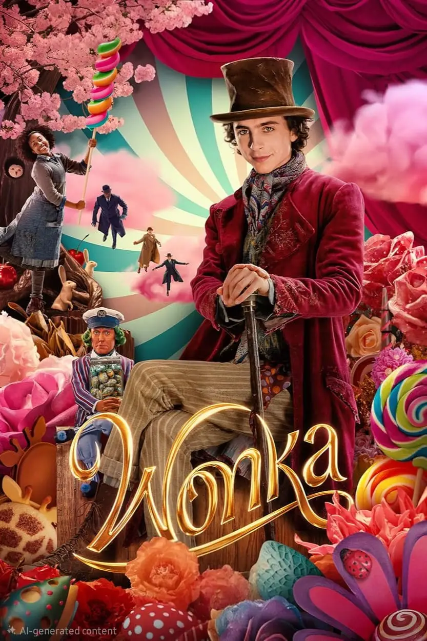 A man in a purple velvet coat and top hat stands in a colorful, whimsical candy land, surrounded by sweets and oversized lollipops, as other characters join the fun. "Wonka" glows in gold script below—like discovering Romania IPTV's sweetest channels.