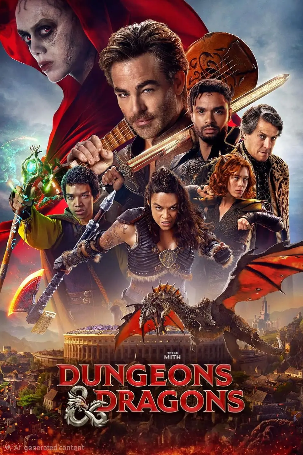 Movie poster for Dungeons & Dragons: Honor Among Thieves showing six main characters in fantasy costumes, a red dragon, a city, and magical effects, with the film title at the bottom—now streaming via Romania IPTV.