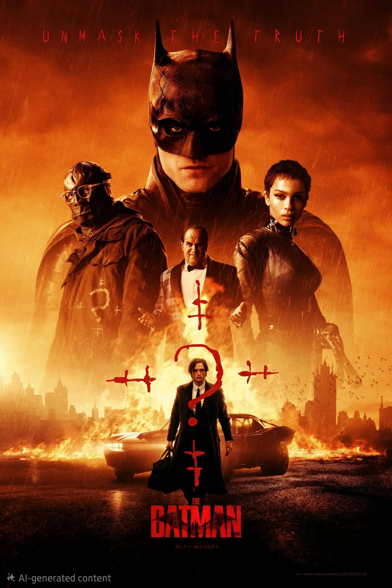 Movie poster for The Batman featuring Batman, Catwoman, Alfred, and Riddler against a dark, red-orange Gotham skyline. Streaming now on Romania IPTV. The tagline Unmask the Truth is at the top, with the Batmobile and question marks below.