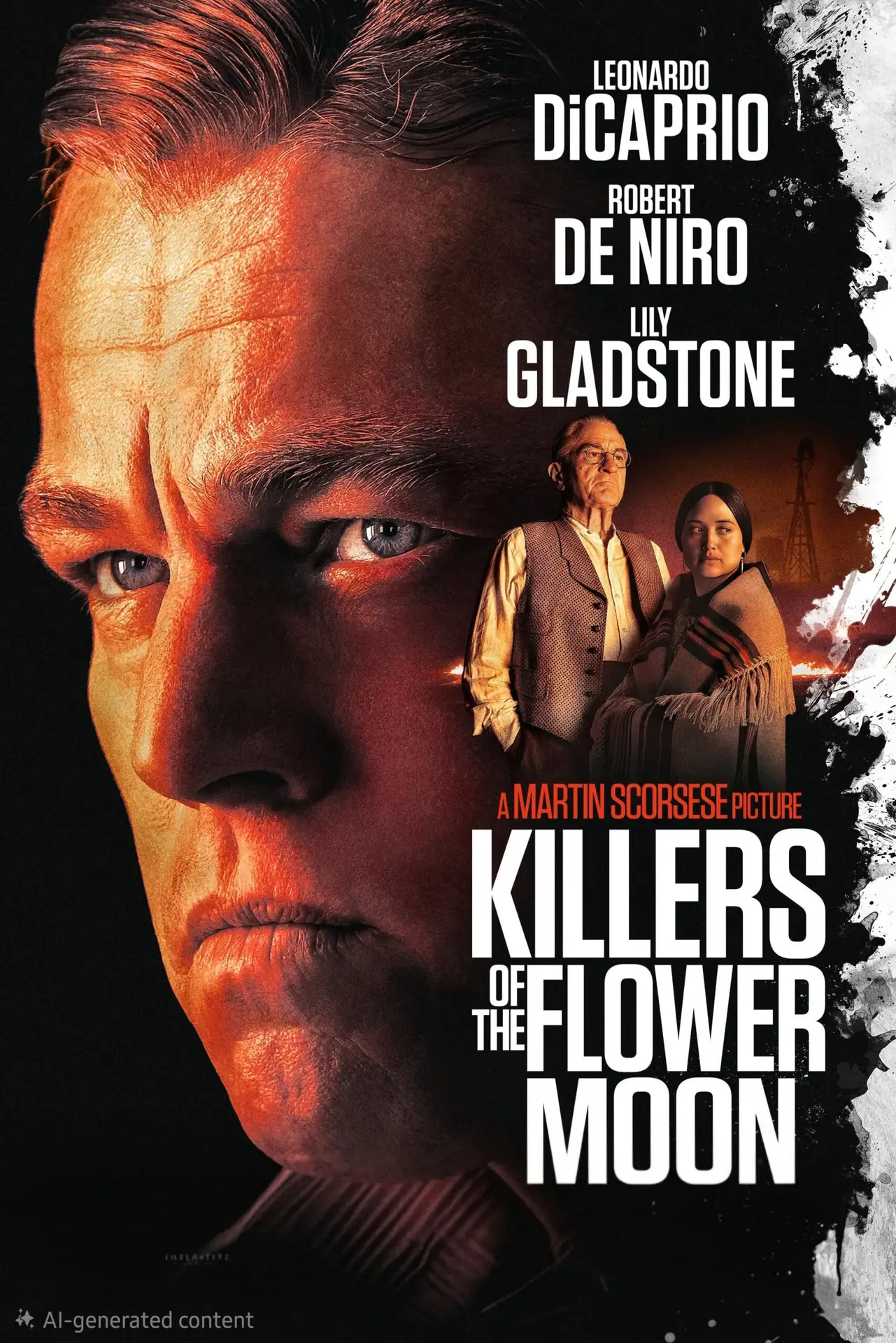 Movie poster for Killers of the Flower Moon featuring a close-up of a serious man’s face, with two figures in traditional clothing on the right, and film title and cast. Available for streaming on Romania IPTV.