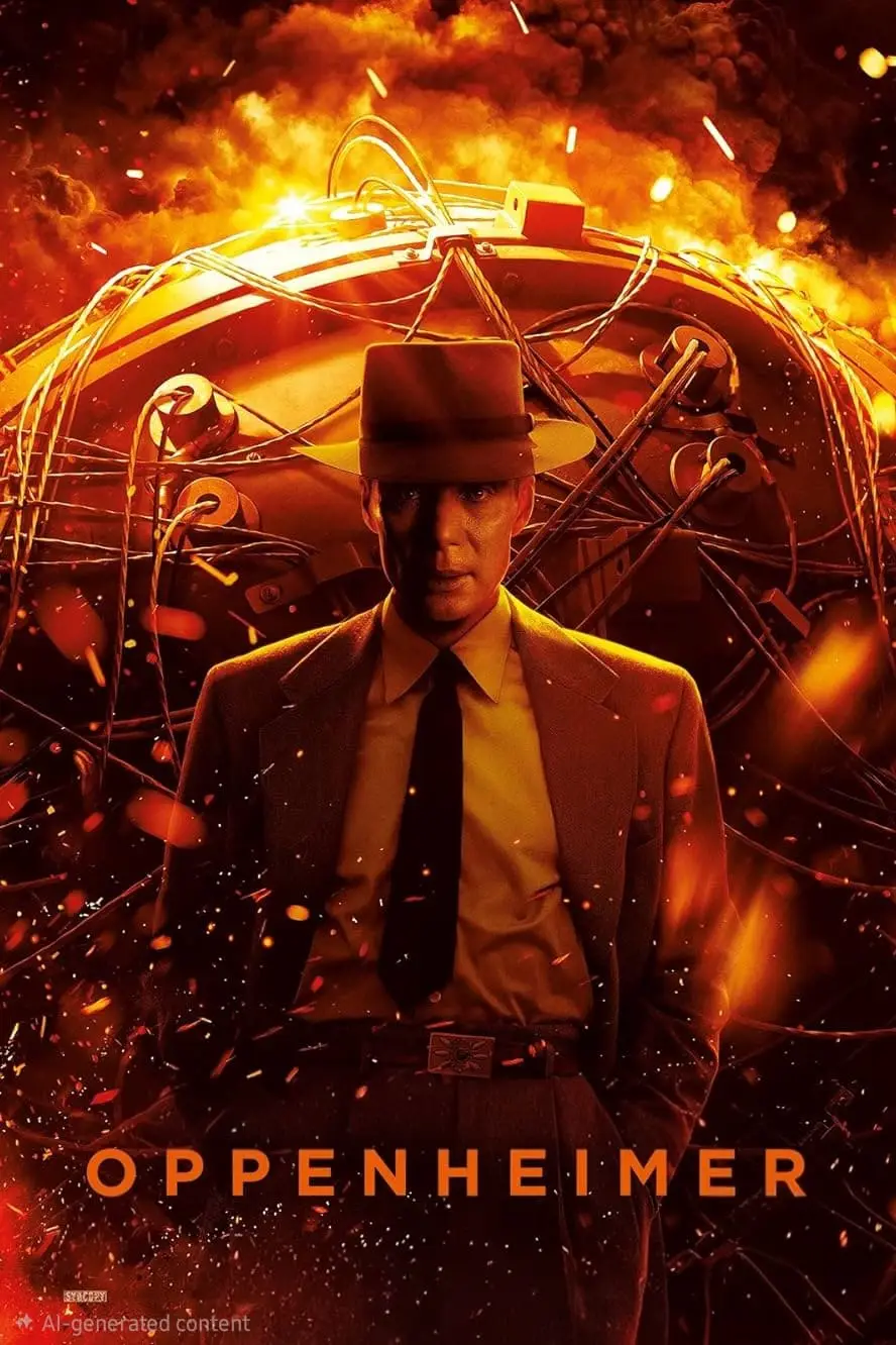 A man in a suit and hat stands before a fiery, glowing sphere tangled with wires and sparks, evoking intense drama. The text Oppenheimer appears at the bottom, reminiscent of Romania IPTV cinematic visuals.