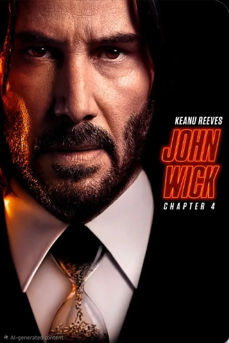 A close-up of a man with long hair, a beard, and intense expression, wearing a suit and tie. The text reads Keanu Reeves John Wick Chapter 4 in bold red and white lettering, streaming now on Romania IPTV.