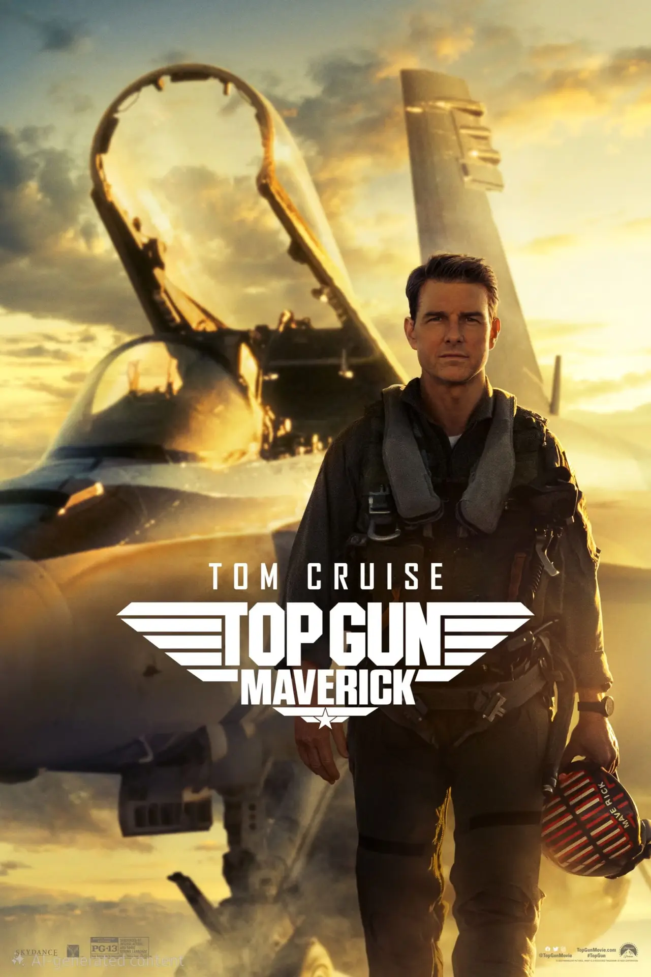 A man in a flight suit stands in front of a fighter jet at sunset, holding a helmet. The text reads Tom Cruise, Top Gun: Maverick. Catch the thrill with Romania IPTV. The scene features warm, dramatic lighting.