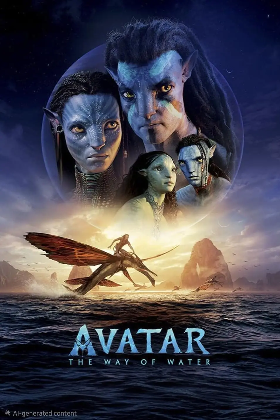 Poster for Avatar: The Way of Water featuring four blue-skinned Na’vi above a scene of a Na’vi riding a flying creature over ocean waves—now streaming on Romania IPTV—with dramatic skies and rocky islands in the background.