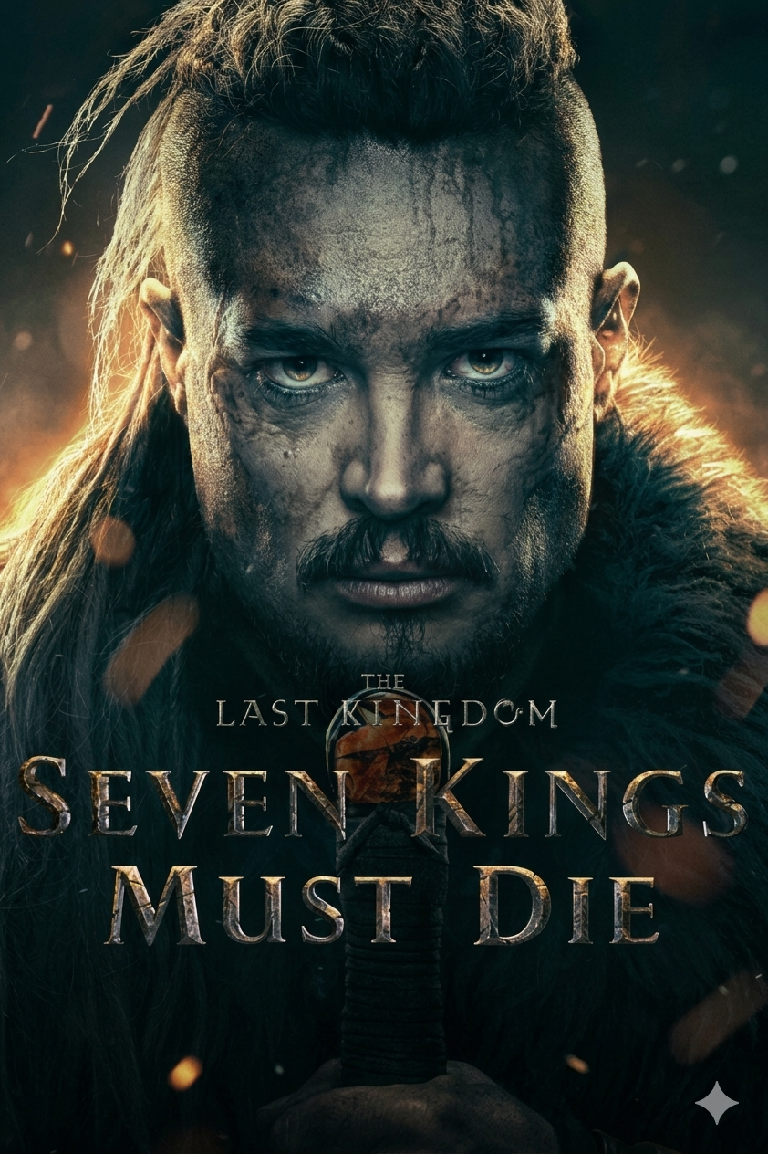 A fierce, battle-worn man with long hair and a fur cloak stares intensely forward. The text reads: “The Last Kingdom: Seven Kings Must Die.” Experience this dark, dramatic scene with Romania IPTV.
