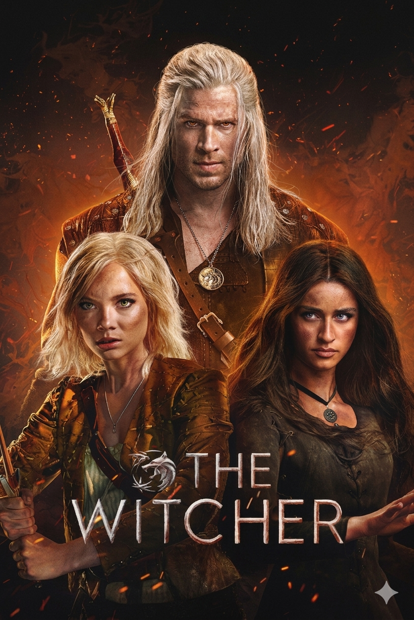 Three characters from The Witcher stand against a fiery backdrop: a white-haired man with a sword on his back behind two women, one blonde and one dark-haired. Streaming it is easy with Romania IPTV. The title The Witcher appears at the bottom.