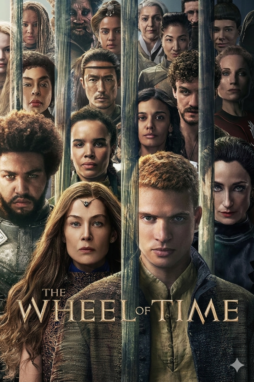 Poster for The Wheel of Time featuring a diverse group of serious-faced characters arranged in rows behind vertical bars, with the show's title at the bottom—now streaming on Romania IPTV.