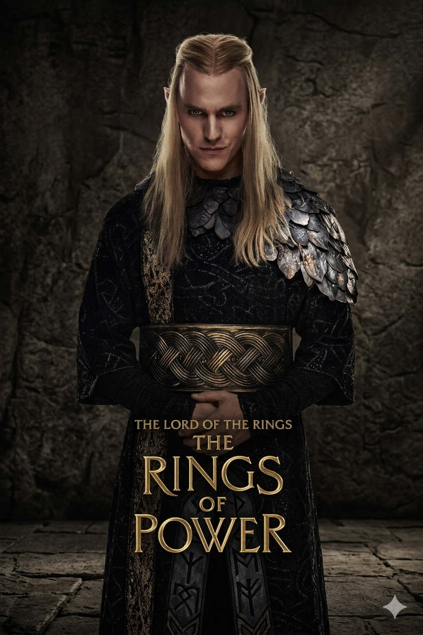An elf with long blond hair and pointed ears stands against a stone wall, wearing ornate black and silver armor. Text on the image reads The Lord of the Rings: The Rings of Power, streaming now on Romania IPTV.