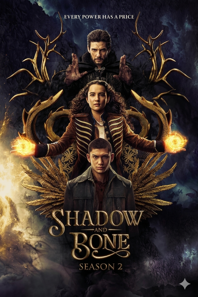 Three characters stand in a dramatic pose with glowing magic effects and golden wings behind them. Dark stormy background. Streaming on Romania IPTV. Text reads: Every power has a price. Shadow and Bone Season 2.
