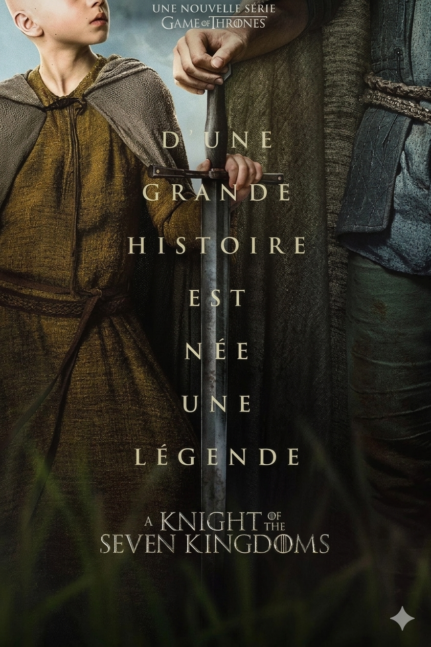 Poster for A Knight of the Seven Kingdoms shows a child holding a cloak and an adult with a sword, with French text about the birth of a legend from a great story—now available to stream via Romania IPTV.
