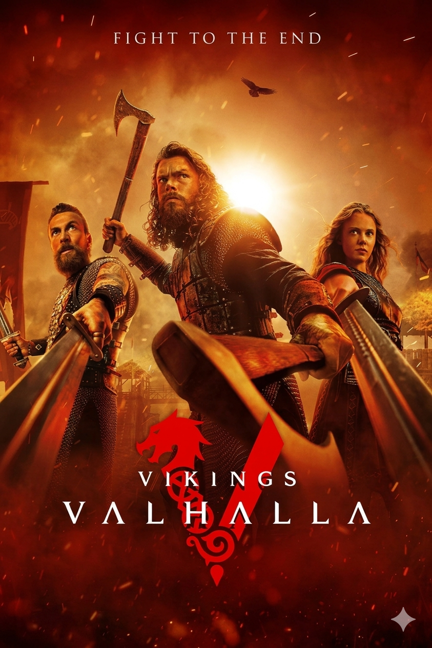 Three fierce Viking warriors in armor wield weapons against a fiery, dramatic background. The text reads “Fight to the End” and “Vikings: Valhalla,” with a red dragon symbol—now streaming on Romania IPTV.