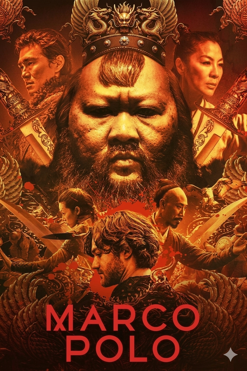 Poster for Marco Polo featuring a stern man wearing a crown at the center, surrounded by warriors and characters in dramatic poses. Swords, ornate designs, and a red-orange color scheme highlight the epic scene—now streaming on Romania IPTV.