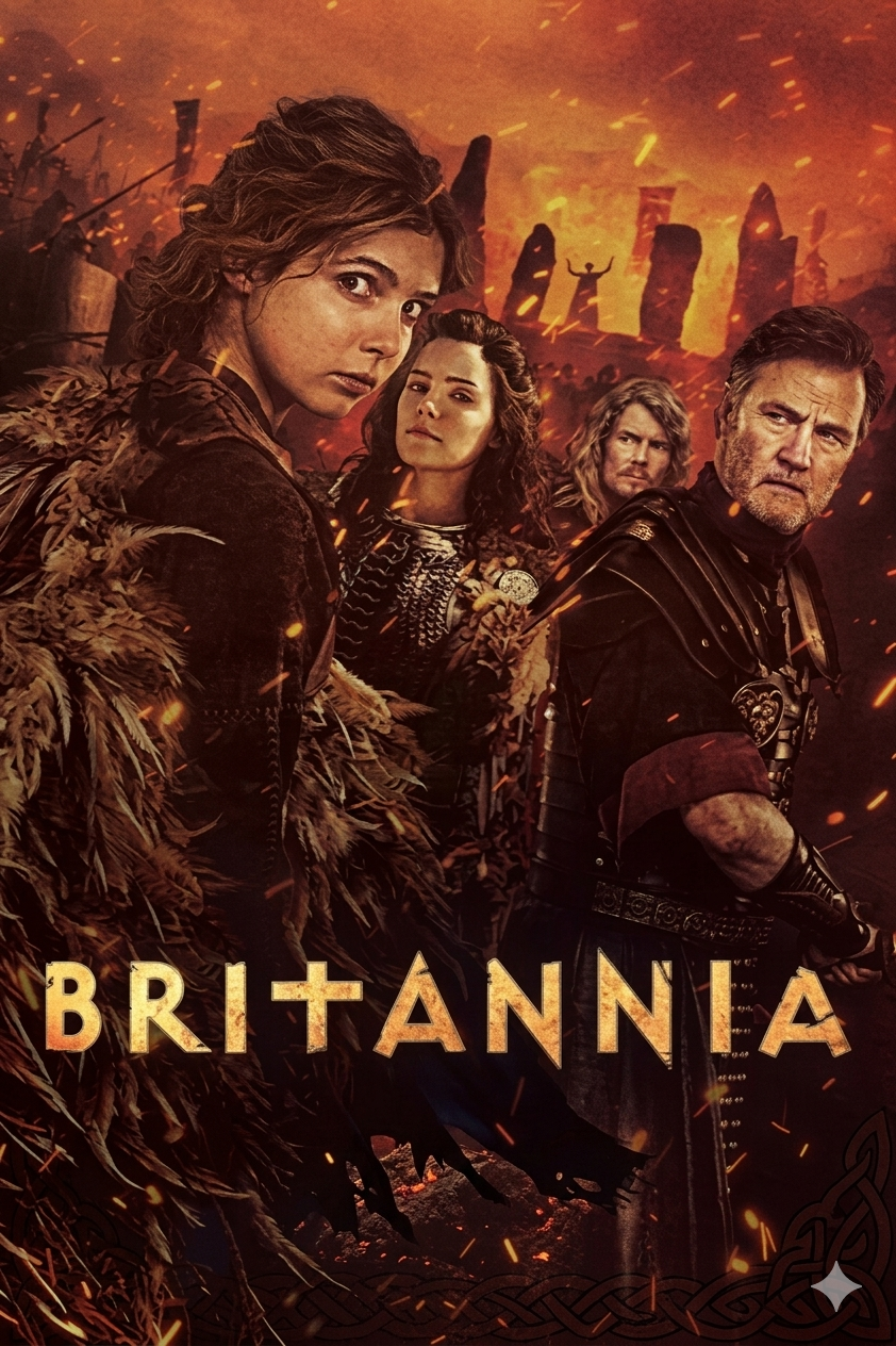 A group of serious-looking characters in ancient, tribal clothing and Roman armor stand before a fiery, war-torn landscape with standing stones. The word Britannia appears at the bottom in bold, stylized letters, evoking Romania IPTV historical epics.