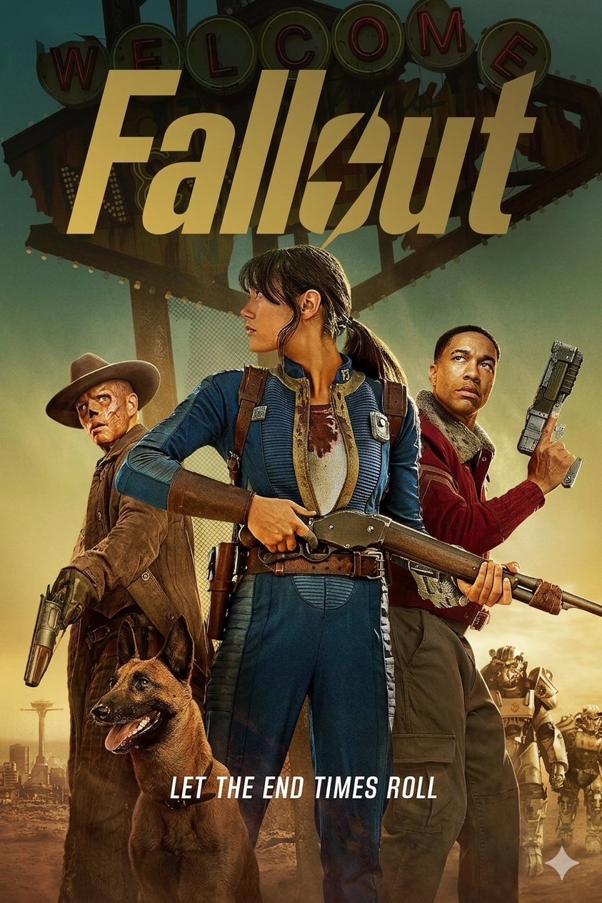 Three armed characters and a dog stand ready in front of a damaged Welcome sign with the Fallout logo above them. Against a post-apocalyptic backdrop, Romania IPTV viewers are greeted by the text: LET THE END TIMES ROLL.