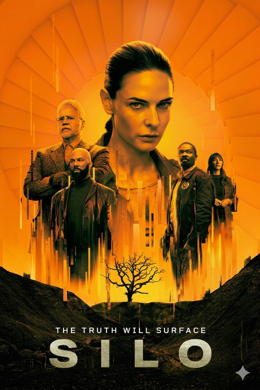 Poster for the TV series Silo featuring five serious characters in front of an abstract orange and yellow background, with the tagline The Truth Will Surface, a lone tree silhouette below, and now available on Romania IPTV.