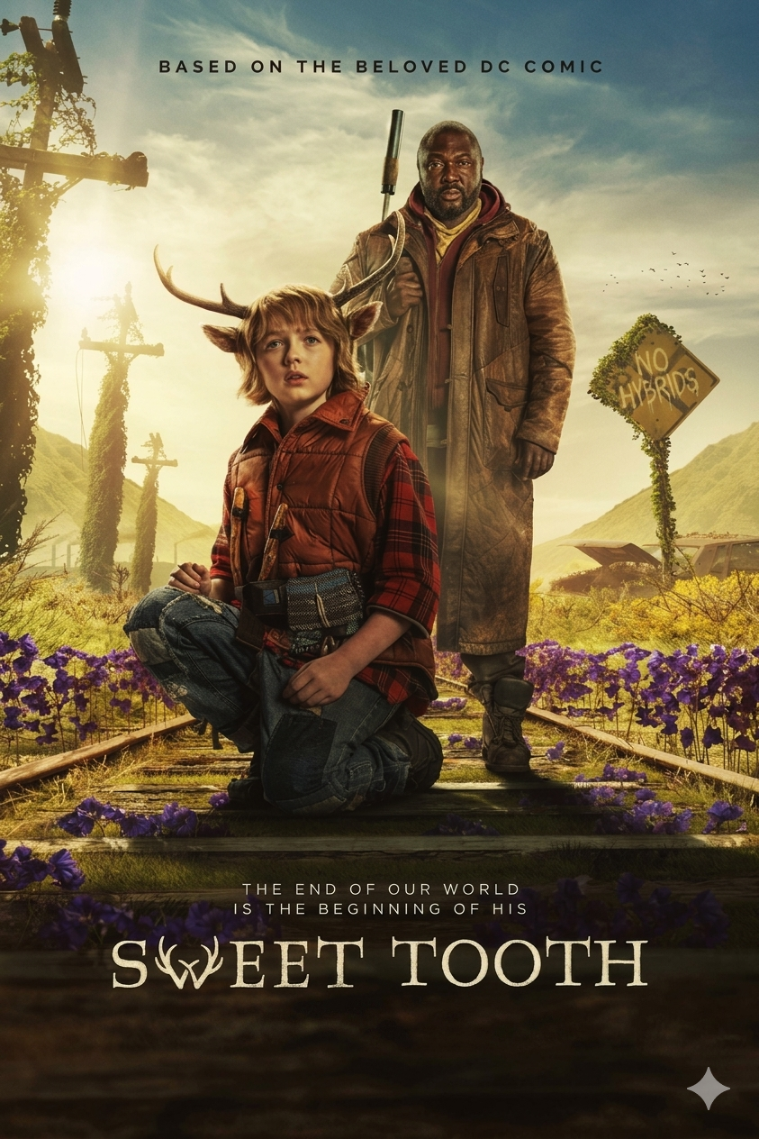 A young boy with deer antlers kneels on railroad tracks, holding a candy bar, while a man stands behind him with an axe. The background shows flowers, mountains, and a No Hybrids sign. Text reads Sweet Tooth and Romania IPTV.