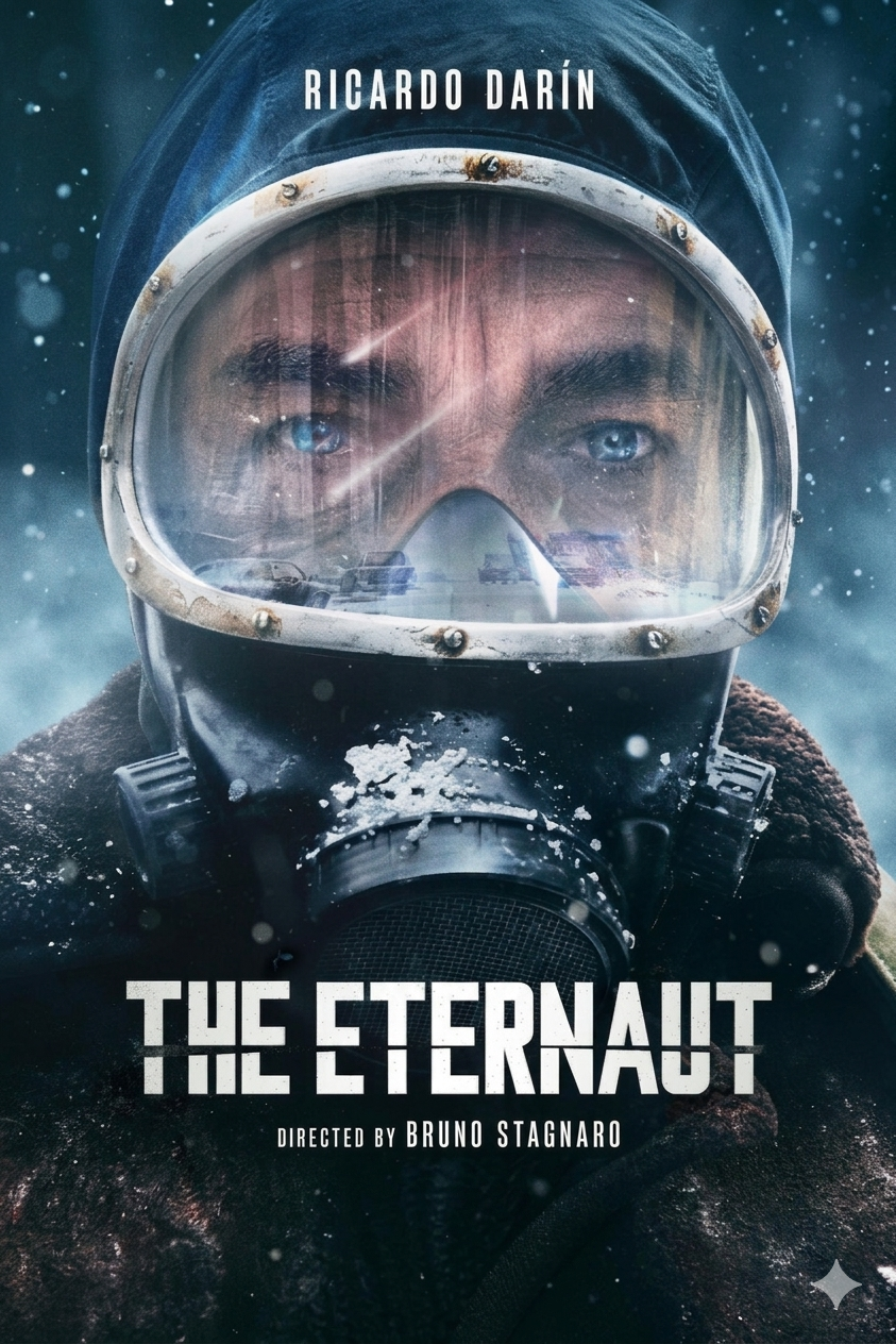 A person wearing a frost-covered, foggy face mask and hooded coat stares ahead in snowy conditions. Text reads Ricardo Darín, The Eternaut, Directed by Bruno Stagnaro, with Romania IPTV streaming information.