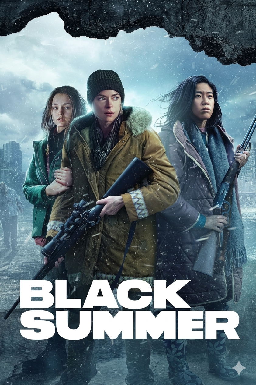 Three women in winter clothing stand together holding rifles in a snowy, apocalyptic urban setting. The title BLACK SUMMER is displayed in bold white letters at the bottom, perfect for fans streaming on Romania IPTV.