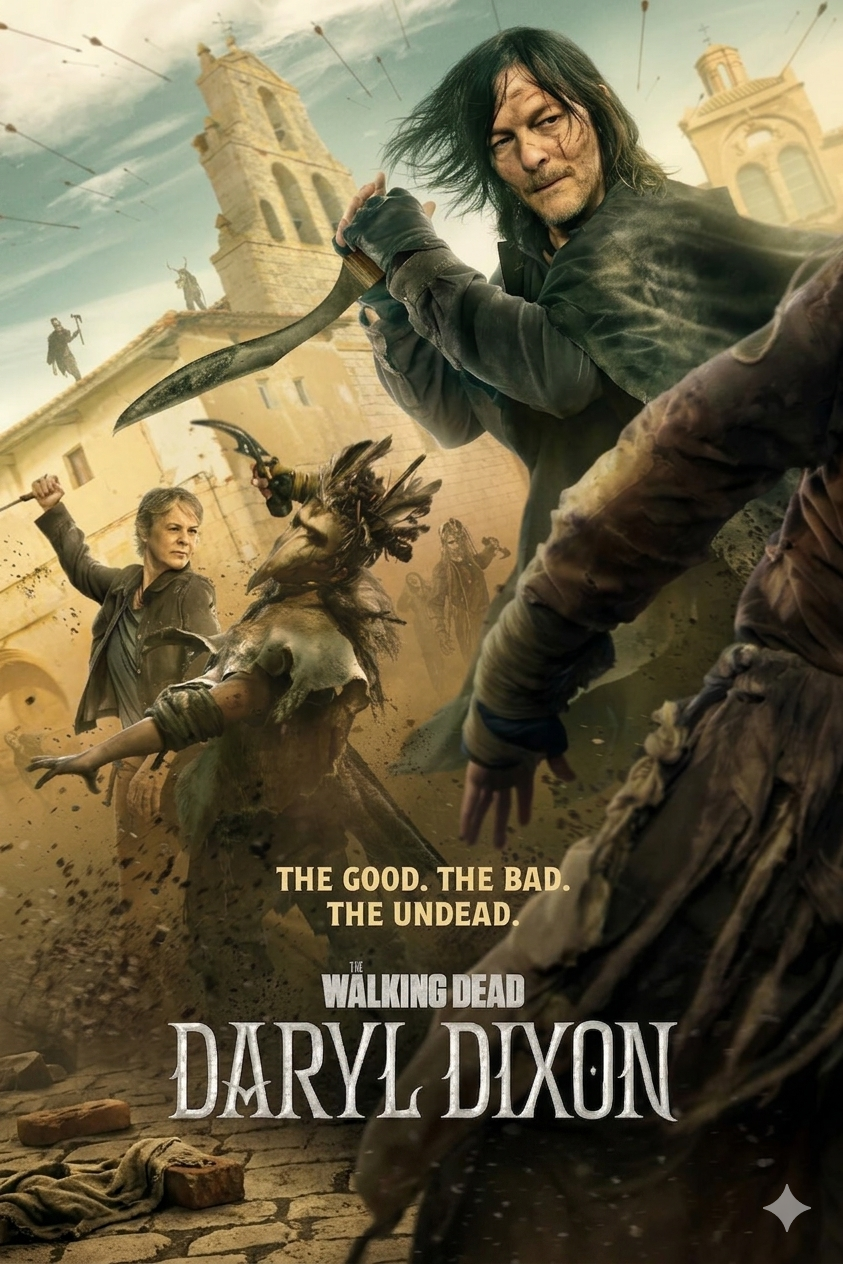 A dramatic poster for The Walking Dead: Daryl Dixon shows a man wielding a weapon against zombies in a ruined town, with the tagline The Good. The Bad. The Undead.—now streaming via Romania IPTV.