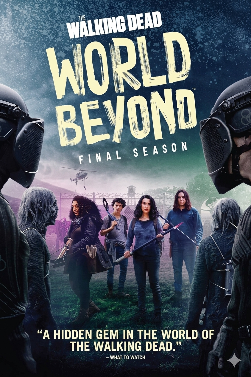 Poster for The Walking Dead: World Beyond final season, available on Romania IPTV, showing four armored figures facing a central group of five young people holding weapons, with a dramatic cloudy sky in the background.