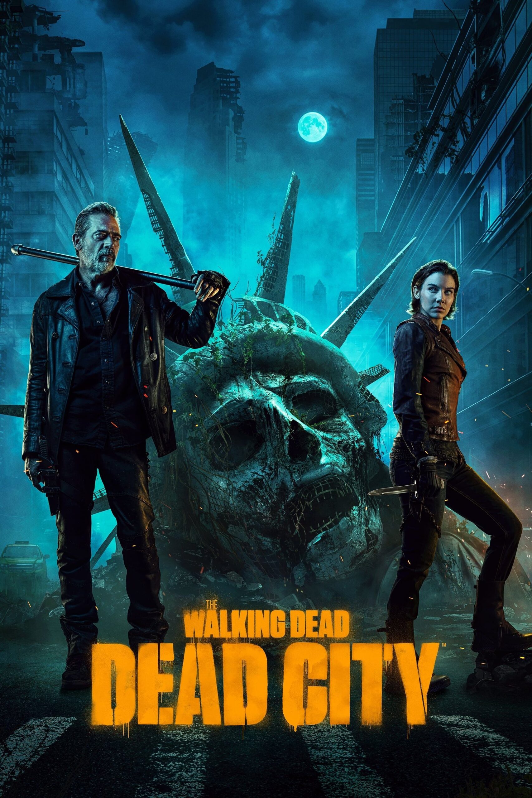 Two people stand in a dark, ruined city street, the broken Statue of Liberty’s head behind them. The title “The Walking Dead: Dead City” glows boldly, illuminated by an eerie blue light—exclusively streaming on Romania IPTV.