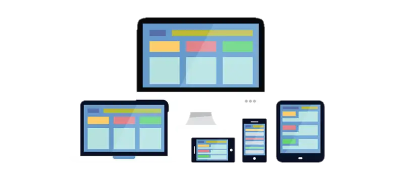 Illustration of a computer monitor, laptop, tablet, and two smartphones displaying similar colorful layouts, representing responsive website design for Romania IPTV across different devices.