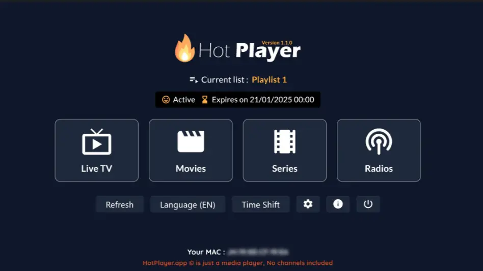Screenshot of the Hot Player media player interface, showcasing Romania IPTV options for Live TV, Movies, Series, and Radios. Buttons for Refresh, Language, and Time Shift are visible. An active playlist is highlighted with its expiry date shown.