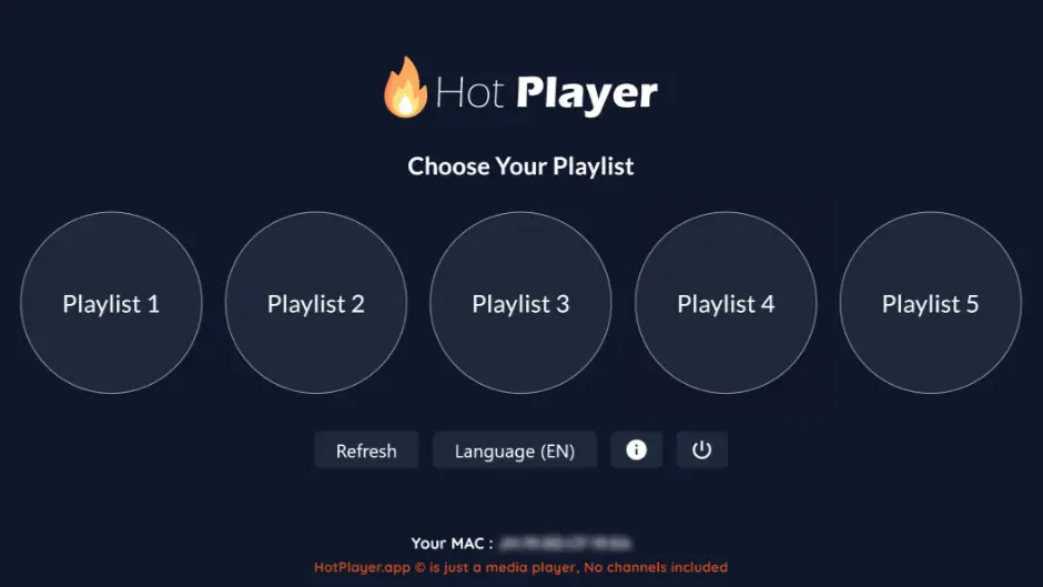 Hot Player media app interface with five circular playlist options labeled Playlist 1 to Playlist 5, buttons for refresh, language, and power, and a disclaimer noting no Romania IPTV channels are included at the bottom.