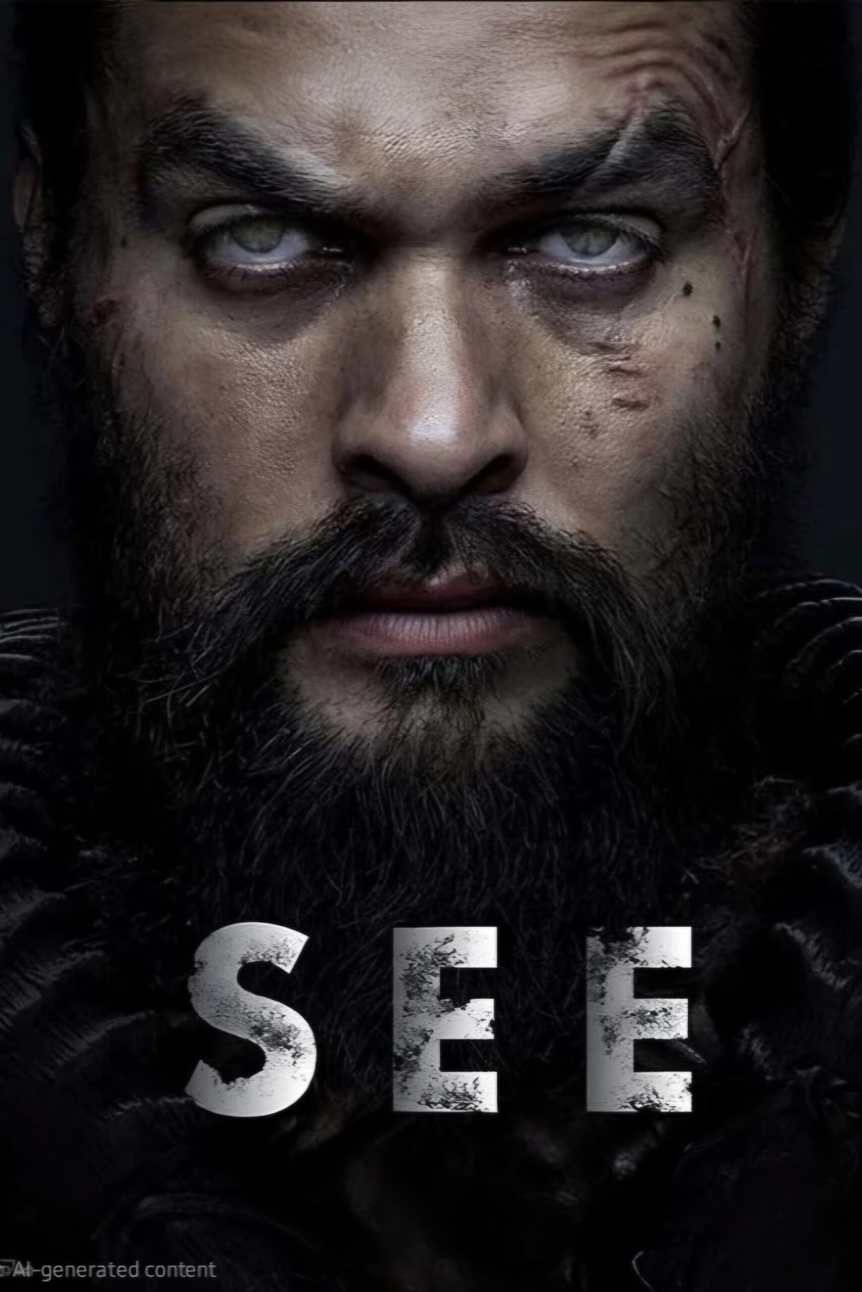 A bearded man with intense, pale eyes and facial scars stares forward in a dramatic, shadowy close-up. The word SEE is boldly displayed in large, distressed white letters at the bottom, hinting at a gripping Romania IPTV experience.