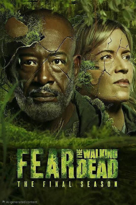 A promotional poster for Fear the Walking Dead: The Final Season, available on Romania IPTV, features close-ups of two serious-looking characters, one man and one woman, with cracked earth and greenery blending into their faces.