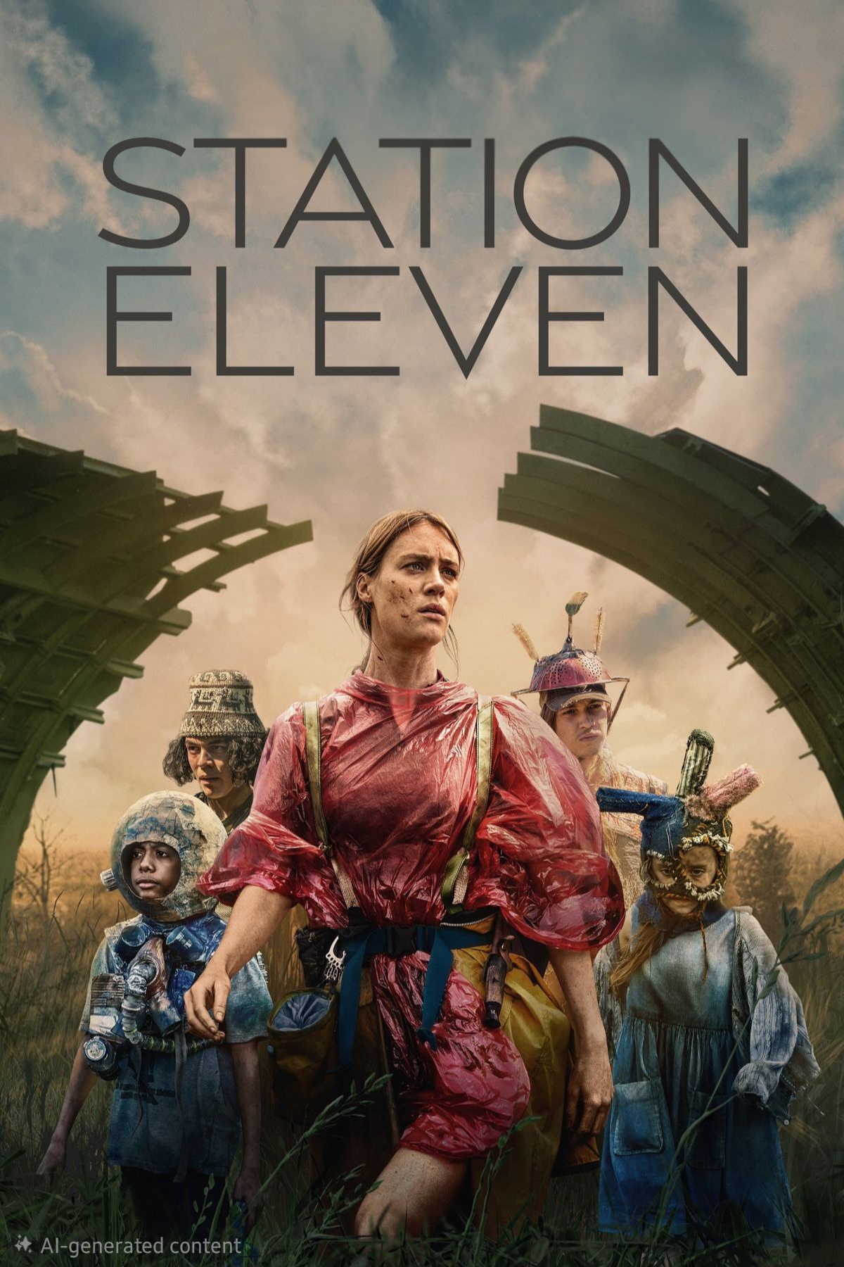 Five people in colorful, makeshift costumes stand in a grassy field beneath a dramatic sky and broken structure. Large text above reads Station Eleven, with a note in the corner: AI-generated content. Featured on select Romania IPTV platforms.