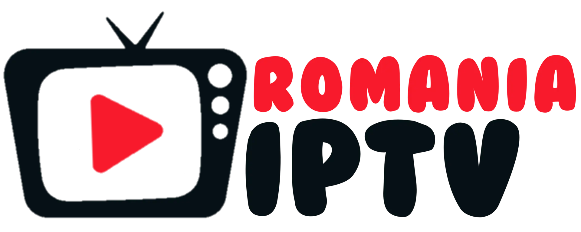 A red retro TV icon with a play button is next to the words ROMANIA IPTV in bold red and white letters on a light background.